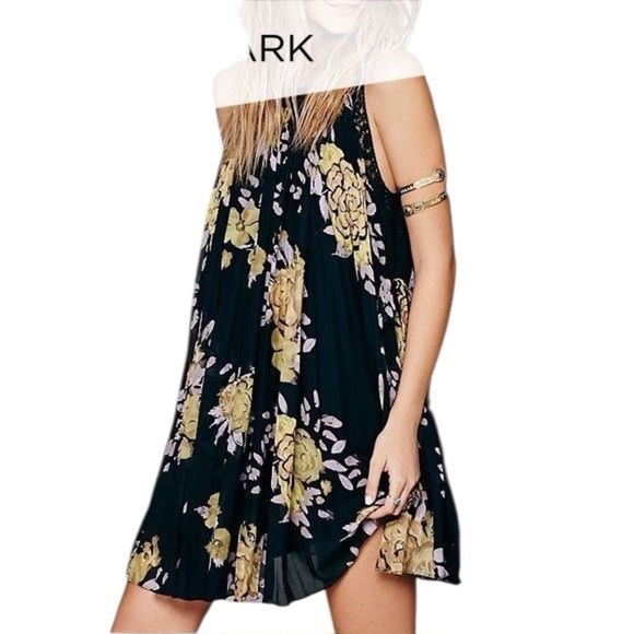 Free People Pleated Black Sleeveless Mini Dress with Yellow and Purple Floral XS - Picture 1 of 12